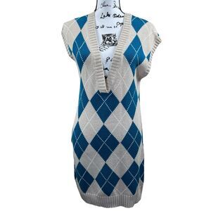 JJ Basics Light Brown long knit sweater/ dress blue checkers size XL academia